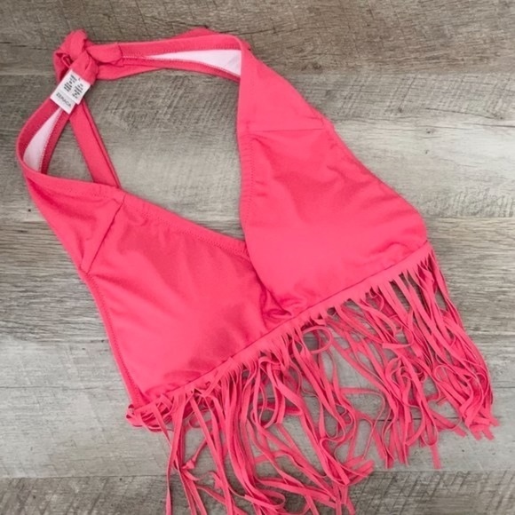 🌺 Zeraca Halter Coral Pink Bright Fringe Halter Tie Bikini Set L (12-14) - Picture 2 of 15
